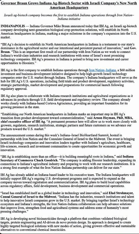 .@Govbraun Announced That Israeli Ag Biotech Company IBI Ag… – image 1